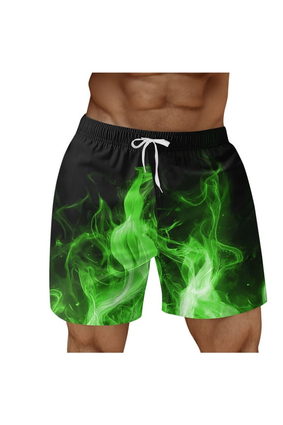 Men's Fire Element Flame Print Drawstring Elastic Waist Beach Shorts with Pockets Quick Dry Casual Summer Swim Trunks Surf Bottoms Green S Gifts for Father