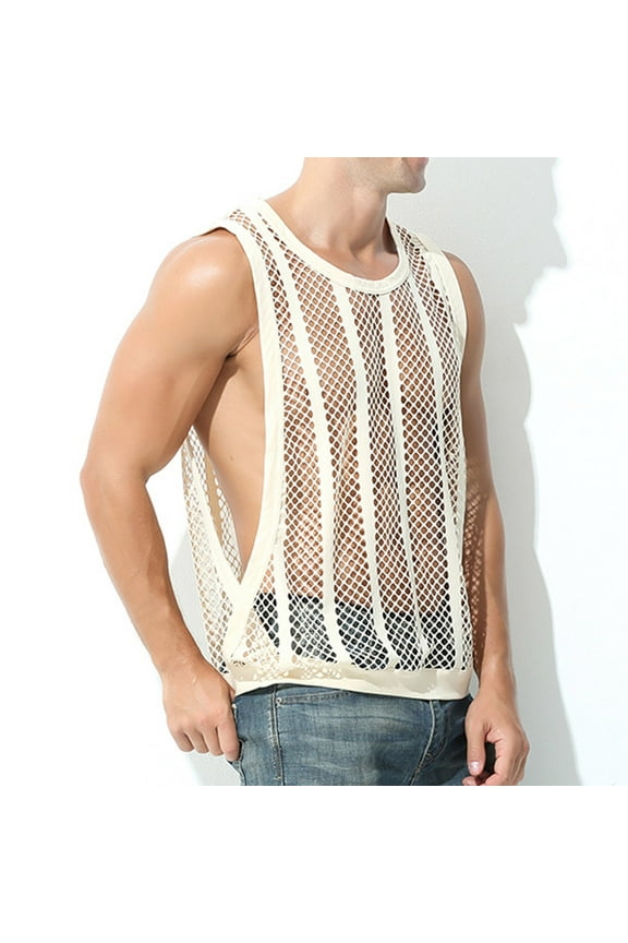 Men's Fishnet Stripe See-through Vest Round Neck Sleeveless Breathable Mesh Casual Fashion Inner Wear Top for Daily Outdoor Private Occasions Beige L Gifts