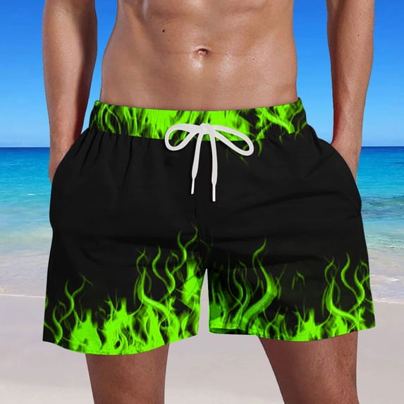 Ceisia Men's Flame Print Drawstring Beach Shorts with Pockets Elastic Waist Quick Dry Casual Summer Swim Trunks Surf Board Bottoms 5 Inch Inseam Green XXL Gifts for Father