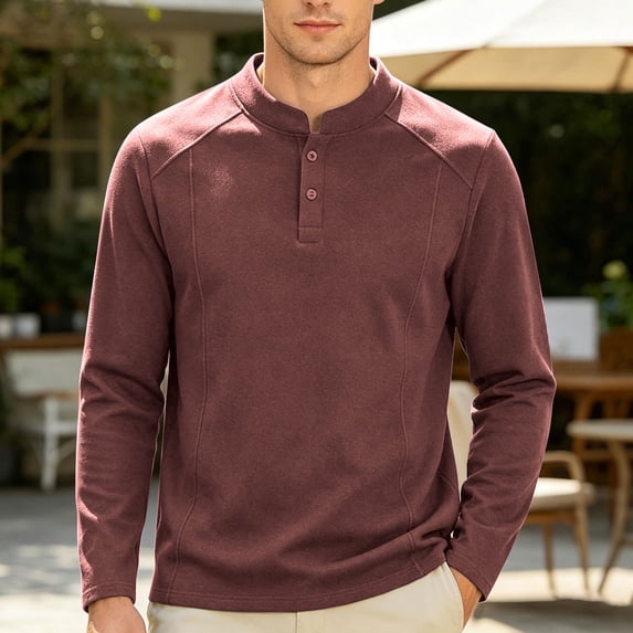 Ceisia Men's Fleece Henley Shirt Stand Collar Button Up Long Sleeve Casual Solid Color Pullover Top Wine XXL Gift