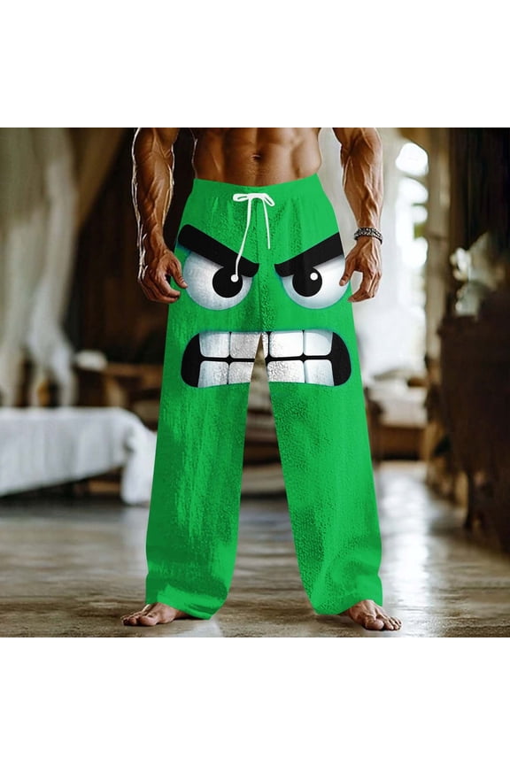 Men's Fun Cartoon Angry Face Print Loose Casual Pants with Elastic Drawstring Waist Green XXL Gifts