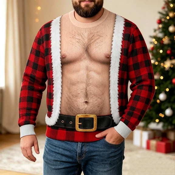 Ceisia Men's Funny 3D Printed Fake Chest Plaid Jacket Ugly Christmas Sweater Crew Neck Long Sleeve Xmas Party Pullover Red M Gift