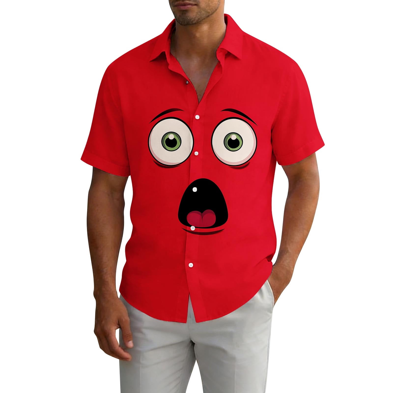Ceisia Men's Funny Smiling Face Print Short Sleeve Lapel Button Up ...