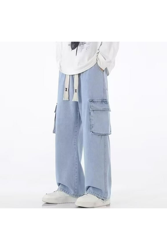 Men's Gift All-Season Cowboy Style Pants - Casual Fashion Solid Color Drawstring Elastic Waist Multi-Pocket Polyester P ants