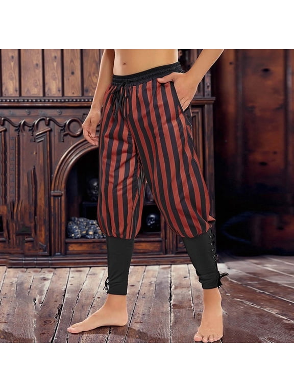 Men's Gift All-Season Pirate Pants - Striped Patchwork Drawstring Leggings Medieval Halloween Casual Long Pants
