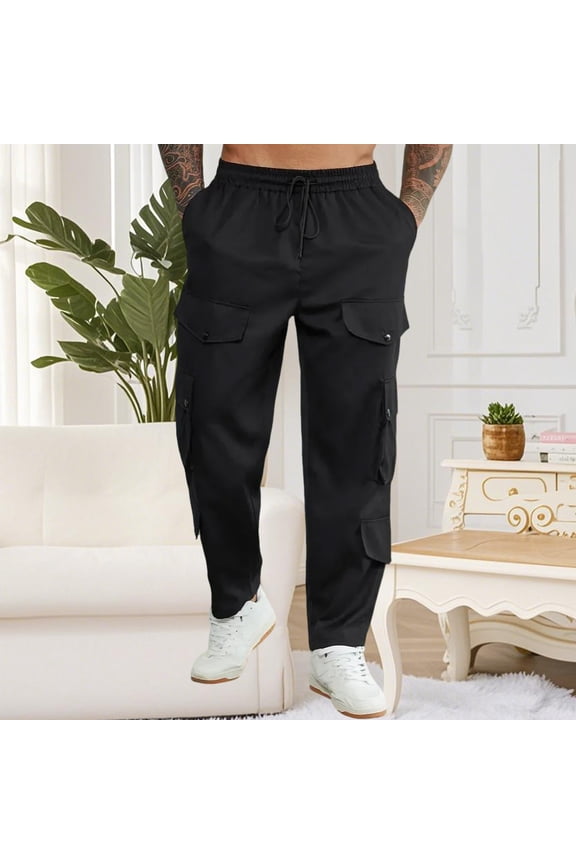 Men's Gift Cargo Pants Relaxed Fit Mid-Rise Elastic Waist Polyester Multi-pocket Snap Button Drawstring Pants