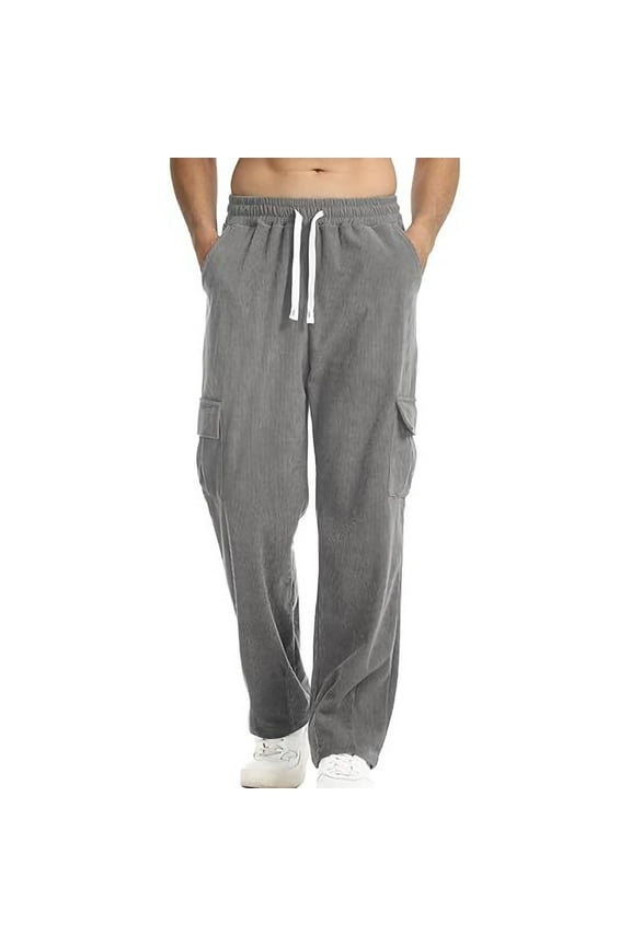 Men's Gift Loose Straight-leg Corduroy Texture Cargo Pants Mid-Rise Elastic Drawstring Waist Nylon Spandex Pants