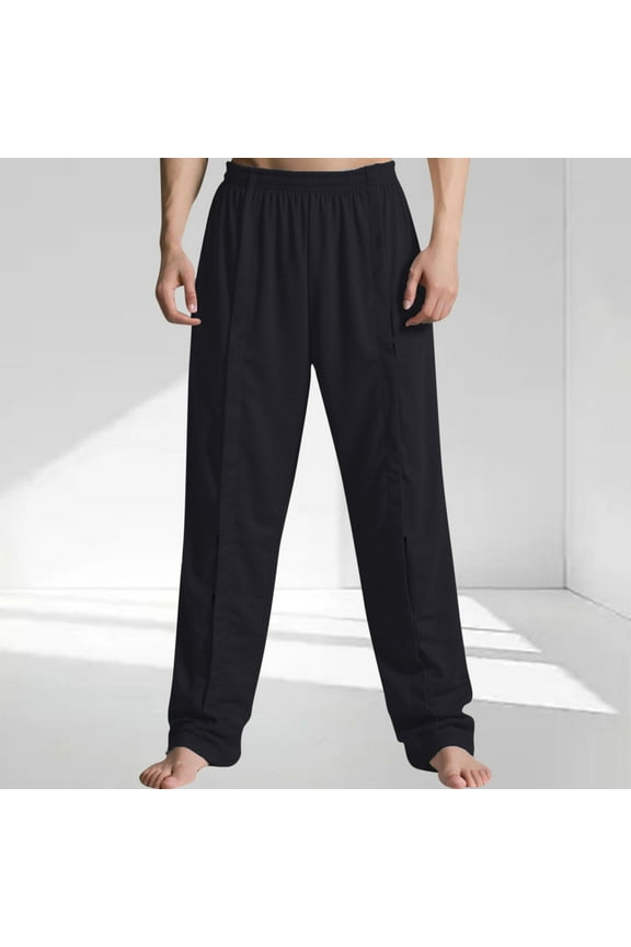 Men's Gift Loose Straight-leg Side Slit Decor Casual Pants Mid-Rise Elastic Waist Square Decor Patches Pants