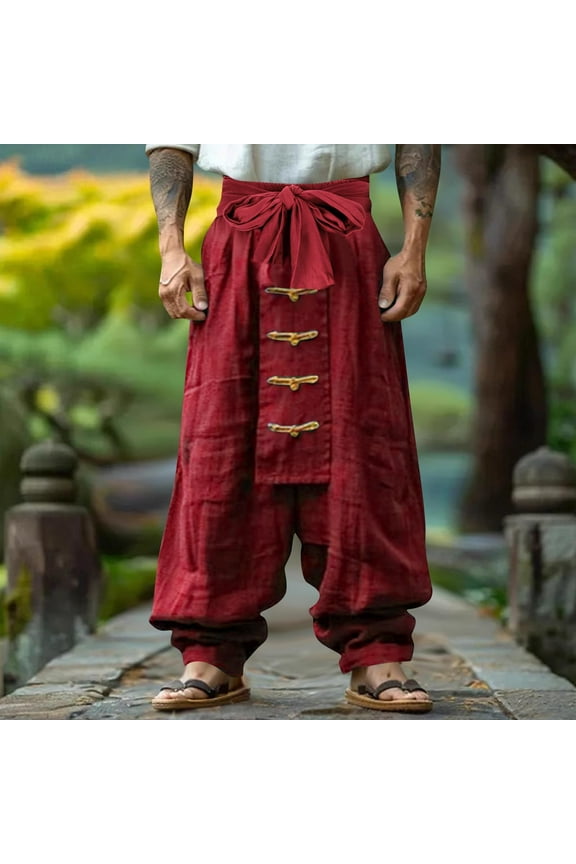 Men's Gift Loose Wide-leg Chinese Frog Button Lantern Pants Mid-Rise Tie Waist Flax Cuffed Ankles Pants