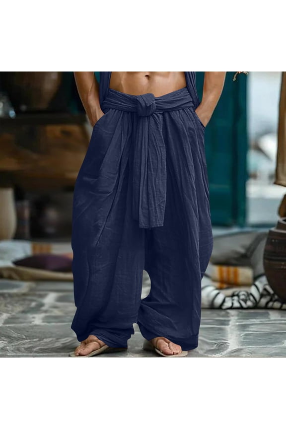 Men's Gift Oversized Wide-leg Vacation Wrap-waist Pants Mid-Rise Wide Tie Waist Cotton Spandex Pants