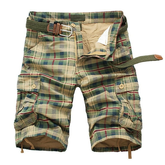 Ceisia Men's Gift Relaxed Plaid Cargo Shorts Mid-Rise Belt Waist Snap Button Drawstring Hem Shorts