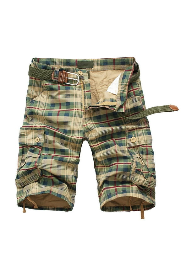 Men's Gift Relaxed Plaid Cargo Shorts Mid-Rise Belt Waist Snap Button Drawstring Hem Shorts