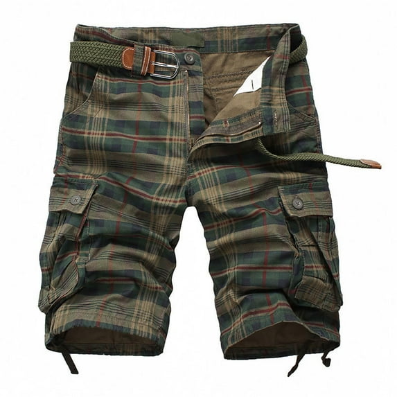 Ceisia Men's Gift Relaxed Plaid Cargo Shorts Mid-Rise Belt Waist Snap Button Drawstring Hem Shorts