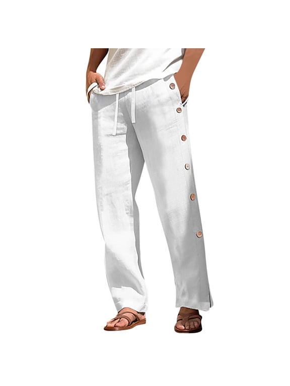 Men's Gift Relaxed Straight-Leg Casual Pants Elastic Waist Side Snap Buttons Summer Multi-Color