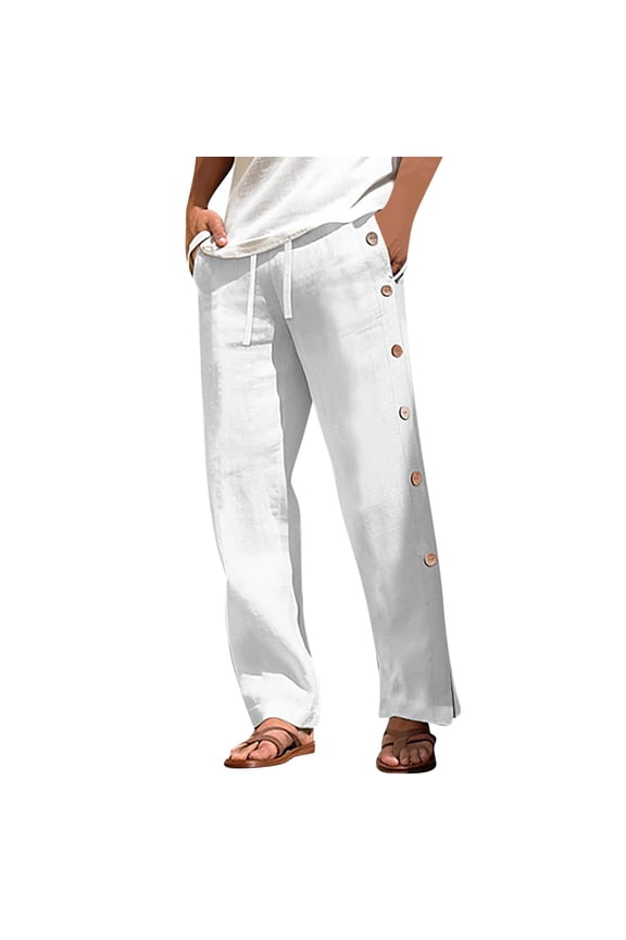 Men's Gift Relaxed Straight-Leg Casual Pants Elastic Waist Side Snap Buttons Summer Multi-Color