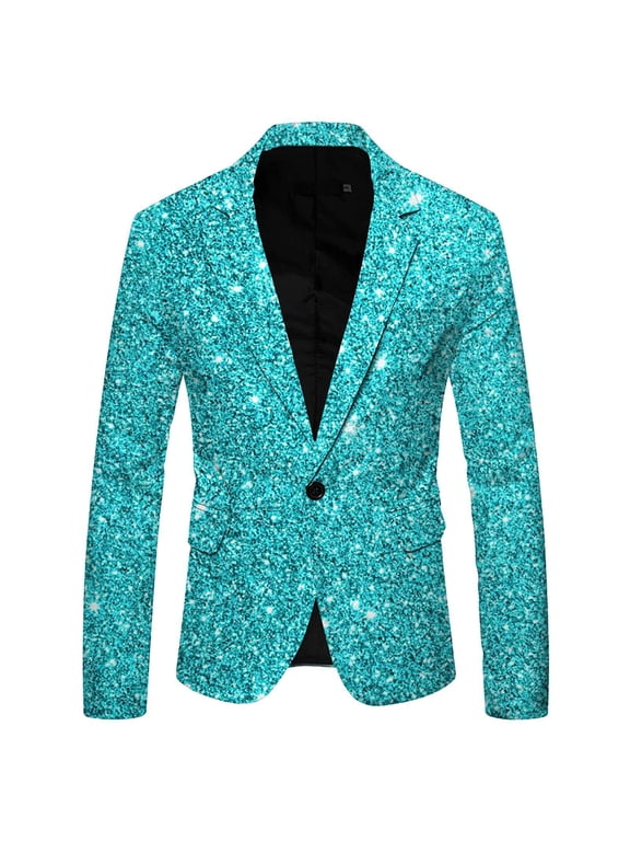 Men's Glitter Sequin Blazer One Button Notched Lapel Long Sleeve Party Suit Jacket For Nightclub Wedding Prom Costume Light Blue L Gift