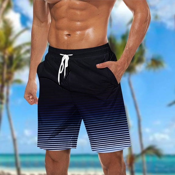 Ceisia Men's Gradient Stripe Print Beach Shorts Elastic Waist Drawstring Side Pockets Casual Summer Swim Trunks Bottoms Blue XXL Gifts for Father
