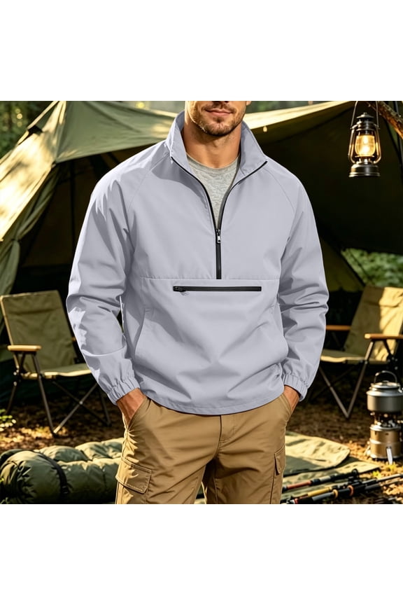 Men's Half Zip Stand Collar Pullover Jacket Long Sleeve Casual Outdoor Solid Color Windbreaker Purple XL Gift