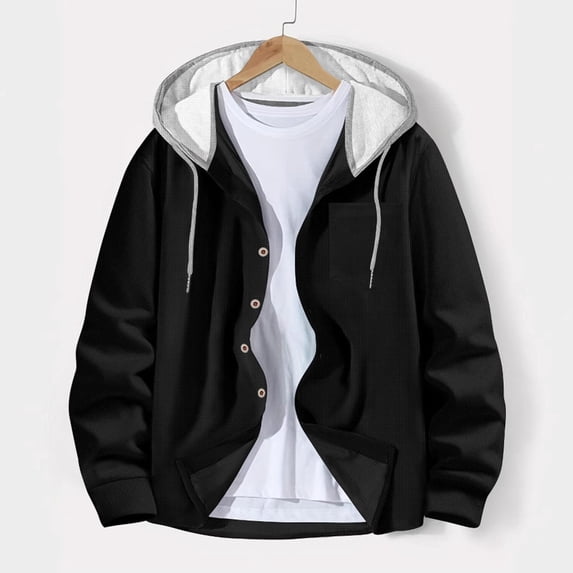 Ceisia Men's Hooded Button Down Jacket Waffle Knit Drawstring Hoodie With Chest Pocket Casual Long Sleeve Outerwear Coat Black XXXL Gift
