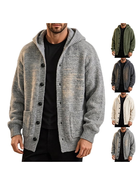 Men's Hooded Button Down Knit Cardigan Long Sleeve Loose Casual Sweater Jacket With Side Pockets Gift