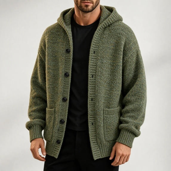 Ceisia Men's Hooded Button Down Knit Cardigan Long Sleeve Loose Casual Sweater Jacket With Side Pockets Gift