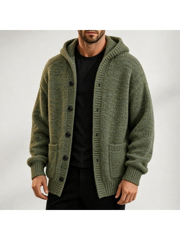 Men's Hooded Button Down Knit Cardigan Long Sleeve Loose Casual Sweater Jacket With Side Pockets Gift