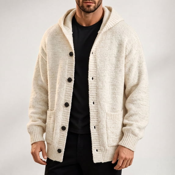 Ceisia Men's Hooded Button Down Knit Cardigan Long Sleeve Loose Casual Sweater Jacket With Side Pockets Gift
