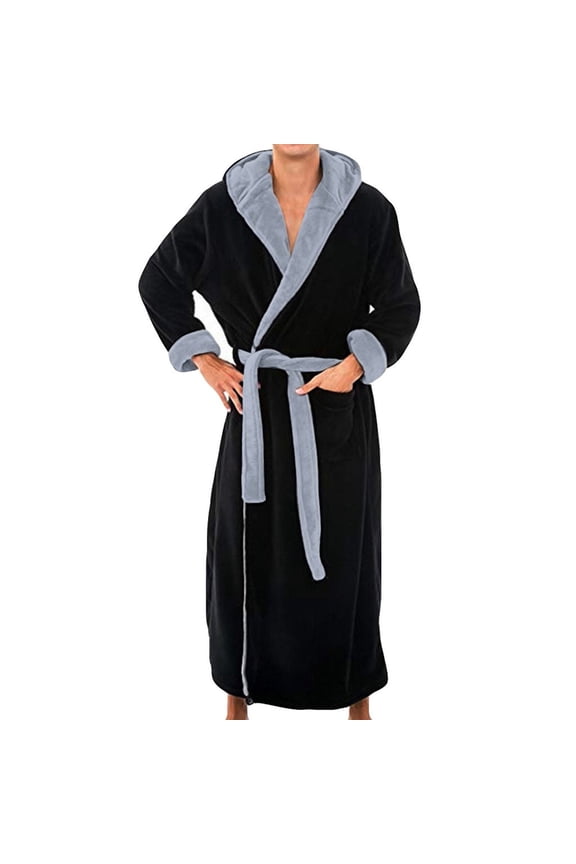 Men's Hooded Fleece Bathrobe Long Plush Kimono Style Robe with Belt Multi Color Black S Gifts for Father