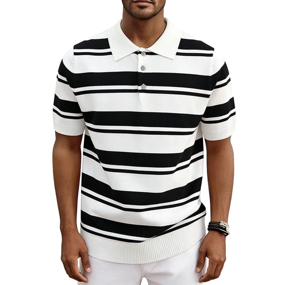Ceisia Men's Horizontal Striped Knit Polo Shirt Short Sleeve Casual Slim Fit Ribbed Knitwear White XXL Gifts for Father
