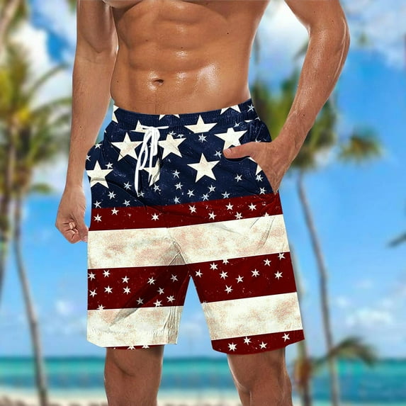 Ceisia Men's Independence Day Flag Print Pockets Elastic Waist Drawstring Quick Dry Beach Swim Shorts Gifts for Father Blue 1X