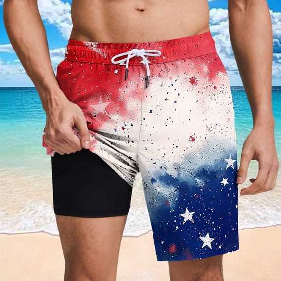 Ceisia Men's Independence Day Print Swim Trunks Elastic Waist Drawstring Pockets Built-in Lining Red M Gifts for Father