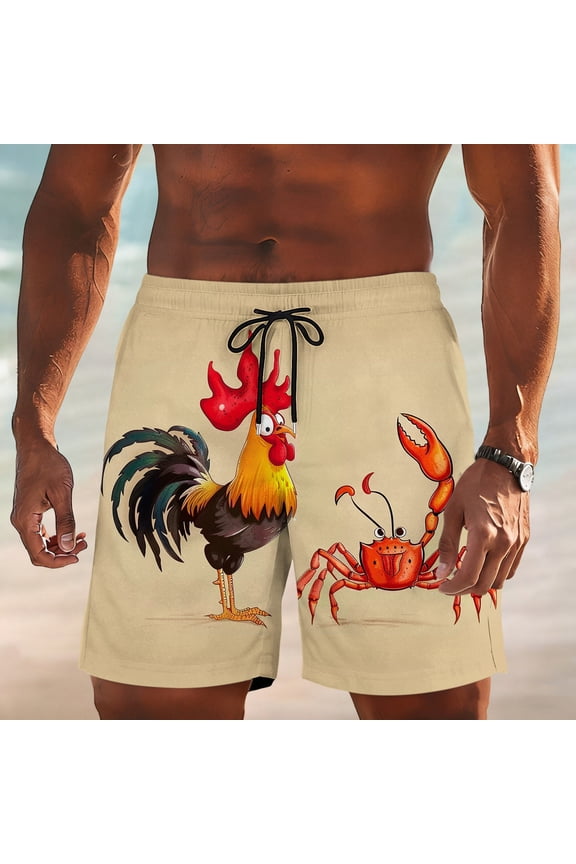 Men's Khaki Cartoon Rooster & Crab Print Beach Shorts 4-Way Stretch Drawstring Swim Trunks Gifts