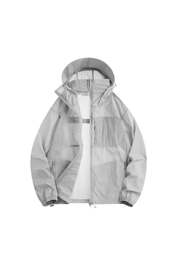 Men's Lightweight Hooded Sun Protection Jacket Breathable Mesh Lining Waterproof Outdoor Hiking Windbreaker Gray L Gifts for Father