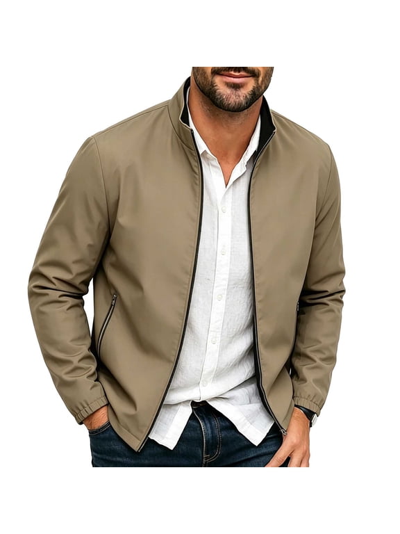 Men's Lightweight Stand Collar Jacket Full Zip Casual Solid Color Outdoor Windbreaker Coat Khaki XL Gift