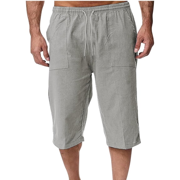 Ceisia Men's Linen Blend Casual Capris Drawstring Elastic Waist Side Pockets Loose Fit 7 Inch Pants Gray XXL Gifts for Father