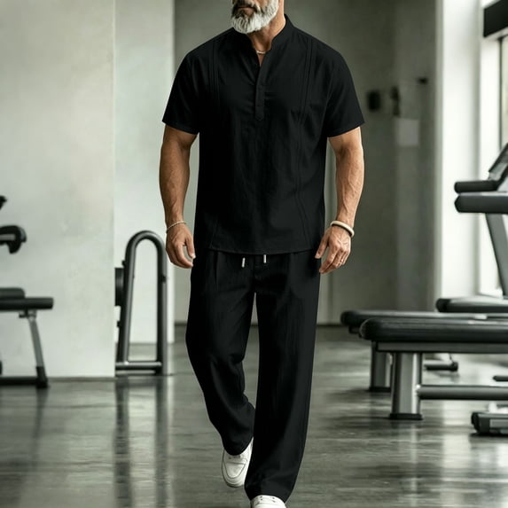 Ceisia Men's Linen Blend Henley Short Sleeve Shirt And Elastic Waist Pants 2 Piece Outfit Black L Gift