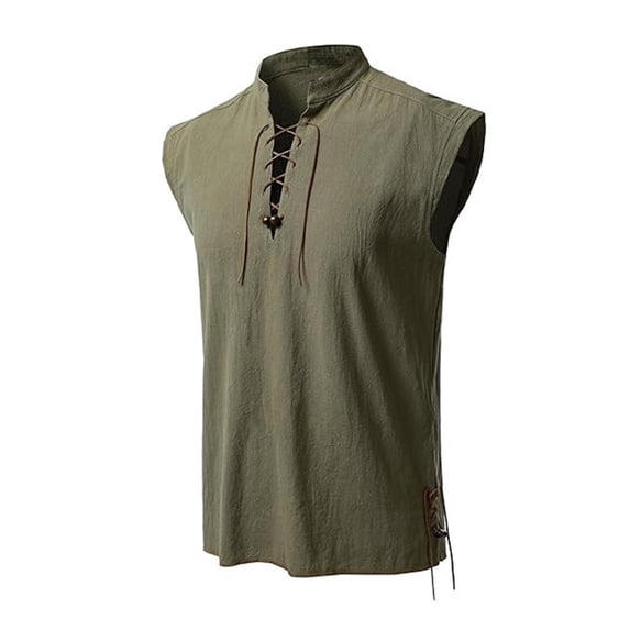 Ceisia Men's Linen Blend Sleeveless Vest Top Mandarin Collar Drawstring Casual Summer Layering Army Green S Gifts for Father