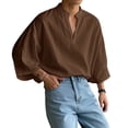 thumbnail image 1 of Ceisia Men's Linen Blend Stand Collar Shirt 3/4 Sleeve Loose Fit Casual Blouse for Men Brown XXL Gifts for Father, 1 of 8