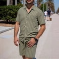 thumbnail image 1 of Ceisia Men's Linen Blend Striped 2 Piece Outfit Short Sleeve Button Down Shirt And Casual Shorts Set Army Green XL Gift, 1 of 9