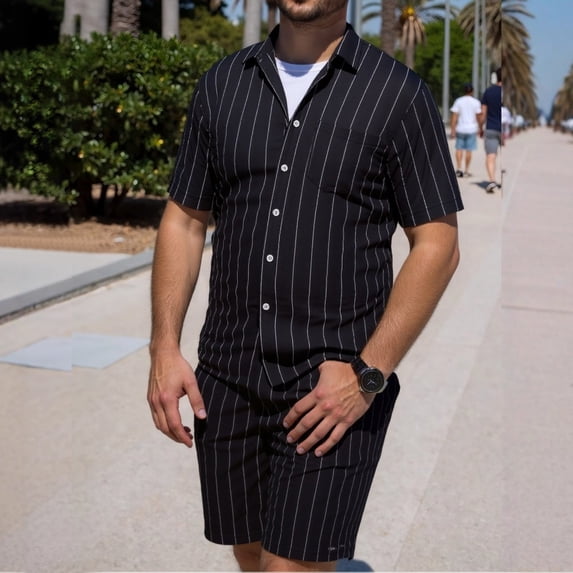 Ceisia Men's Linen Blend Striped 2 Piece Outfit Short Sleeve Button Down Shirt And Casual Shorts Set Black XL Gift