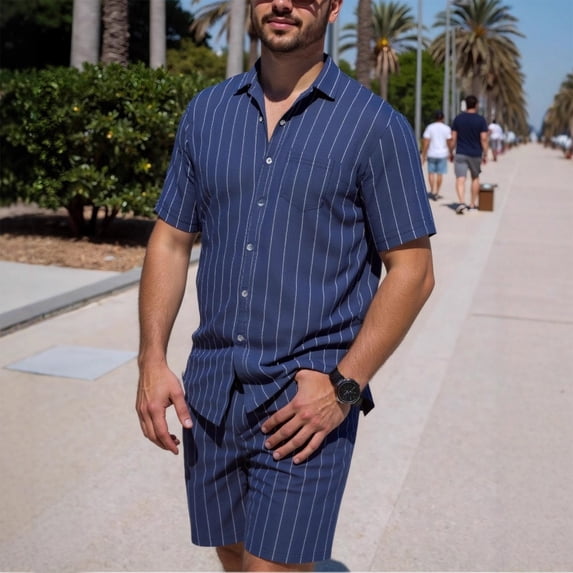 Ceisia Men's Linen Blend Striped 2 Piece Outfit Short Sleeve Button Down Shirt And Casual Shorts Set Navy XXL Gift