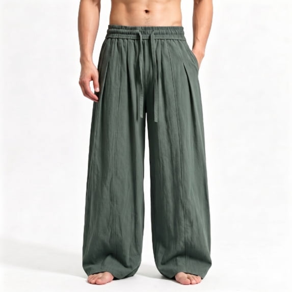 Ceisia Men's Linen Blend Wide Leg Pants Elastic Waist Drawstring Casual Solid Color Loose Fit Trousers Green XXXXXL Gift