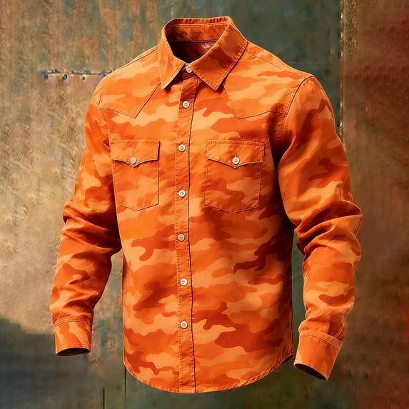 Ceisia Men's Long Sleeve Camo Print Shirt Vintage Slub Cotton Casual Button Down Lapel Collar Relaxed Fit Top Orange Gifts for Father 2X