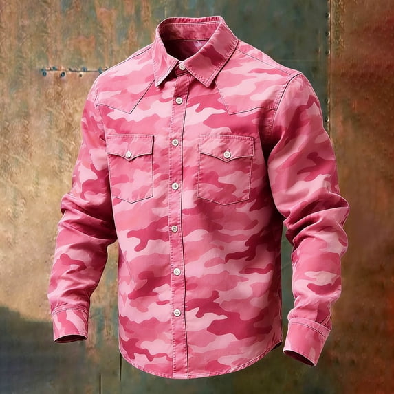 Ceisia Men's Long Sleeve Camo Print Shirt Vintage Slub Cotton Casual Button Down Lapel Collar Relaxed Fit Top Pink Gifts for Father S