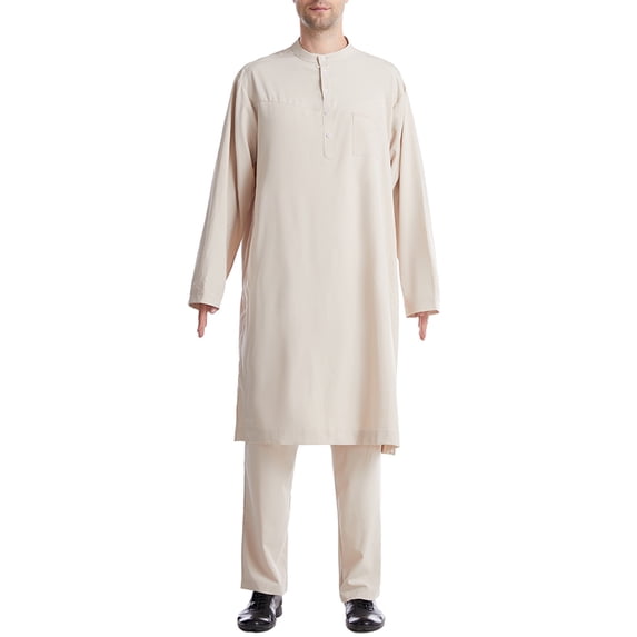 Ceisia Men's Loose Fit Arab Thawb Stand-Up Collar Top & Pants Set | Muslim Robe Two-Piece Outfit Gifts