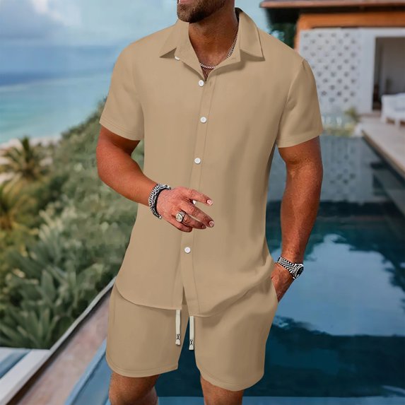 Ceisia Men's Loose Fit Casual 2-Piece Set Short Sleeve Button-Down Shirt with Elastic Waist Drawstring Shorts Gifts