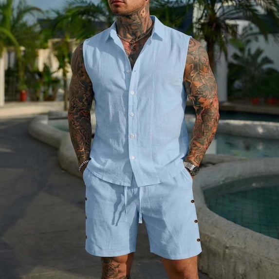 Ceisia Men's Loose Fit Linen 2-Piece Set Sleeveless Button-Down Shirt with Elastic Waist Drawstring Shorts Gifts