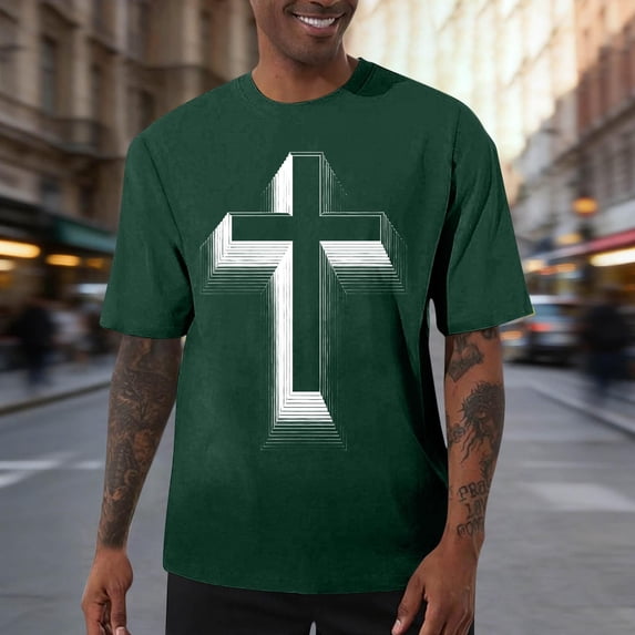 Ceisia Men's Loose Fit Short Sleeve T-Shirt 3D Cross Print Faith Theme Spring Summer Shirt Gift