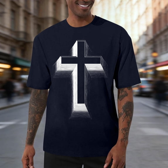 Ceisia Men's Loose Fit Short Sleeve T-Shirt 3D Cross Print Faith Theme Spring Summer Shirt Gift