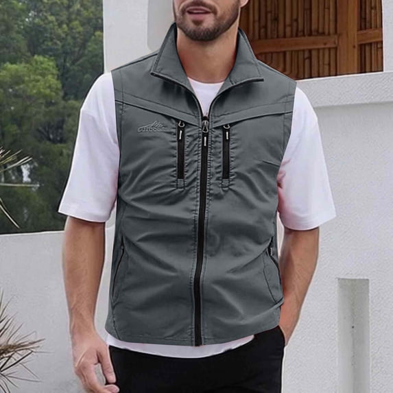 Ceisia Men's Loose Fit Stand Collar Multi-Pocket Vest Outdoor Functional Utility Vest Gray L Gifts